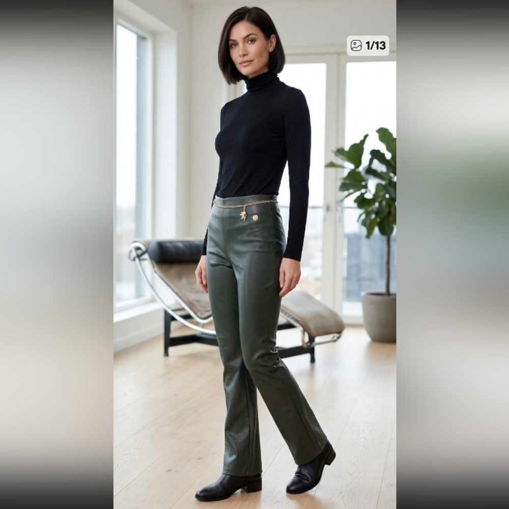 Scandinavian Chic-Pernilla Wahlgren Design-Dark Green Faux Leather Flares Size 4